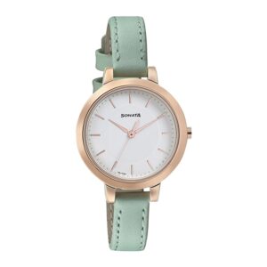 Sonata-8141WL02-WoMens-Blush-White-Dial-Green-Leather-Strap-Watch