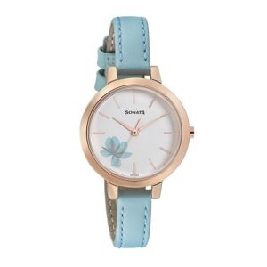 Sonata-8141WL03-WoMens-Blush-White-Dial-Blue-Leather-Strap-Watch