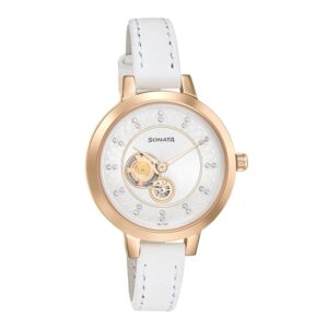 Sonata-8141WL07-WoMens-Silver-Dial-White-Leather-Strap-Watch