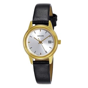 Sonata-8157YL01-WoMens-Silver-Dial-Black-Leather-Strap-Watch