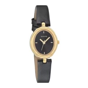 Sonata-8158YL01-WoMens-Essentials-Black-Dial-Black-Leather-Strap-Watch-Gold-Case