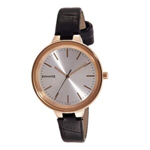 Sonata-8159WL01-WoMens-Silver-Dial-Black-Leather-Strap-Watch