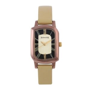 Sonata-87001QL01-WoMens-Pink-Dial-Beige-Leather-Strap-Watch