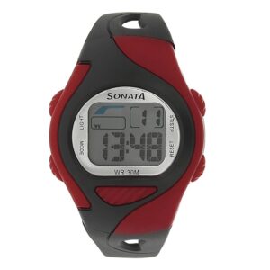 Sonata-87011PP02-Unisex-Grey-Dial-Black-Plastic-Strap-Watch-with-Red-Case-Digital-Display
