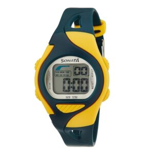 Sonata-87011PP04-Unisex-Grey-Dial-Black-Plastic-Strap-Watch-with-Yellow-Case-Digital-Display