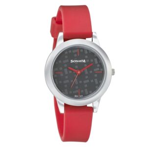 Sonata-87019YL03-WoMens-Splash-Red-Dial-Red-Leather-Strap-Watch