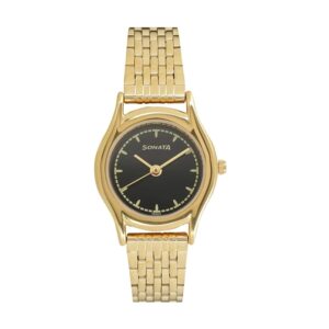 Sonata-87020YM02-WoMens-Essentials-Black-Dial-Gold-Stainless-Steel-Strap-Watch