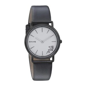 Sonata-87029NL01-WoMens-Silver-Lining-Dial-Black-Leather-Strap-Watch