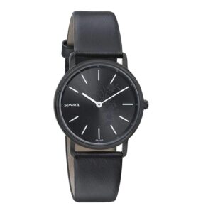 Sonata-87029NL02-WoMens-Black-Dial-Black-Leather-Strap-Watch