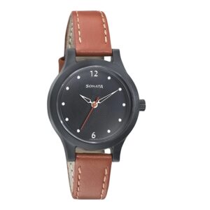 Sonata-87030PL04-WoMens-Essentials-Black-Dial-Brown-Leather-Strap-Watch