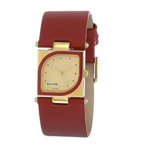 Sonata-8919YL04-WoMens-Gold-Dial-Red-Leather-Strap-Watch