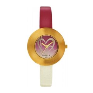 Sonata-8959YL02-WoMens-Red-Dial-Red-Leather-Strap-Watch-Gold-Case