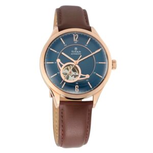 Titan-90111WL01-Mens-Automatic-Watch-Blue-Dial-Tan-Leather-Band