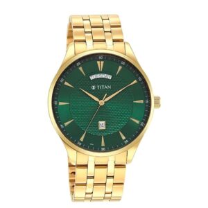 Titan-90127YM03-Mens-Opulent-III-Collection-Analog-Watch-Green-Dial-Golden-Stainless-Steel-Band