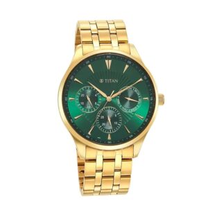 Titan-90127YM05-Mens-Opulent-III-Collection-Analog-Watch-Green-Dial-Golden-Stainless-Steel-Band