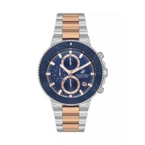 Beverly Hills Polo Club Men's Watch, Analog, Blue Dial, Silver and Rose Gold Stainless Steel Strap, BP3540X.590