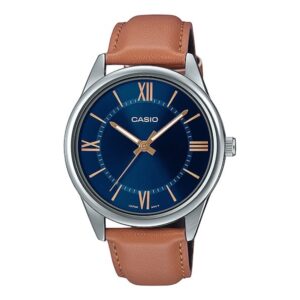 Casio Men's Watch Analog, Blue Dial Brown Leather Strap, MTP-V005L-2B5UD