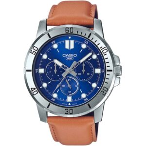 Casio Men's Watch Analog, Blue Dial Brown Leather Strap, MTP-VD300L-2EUD