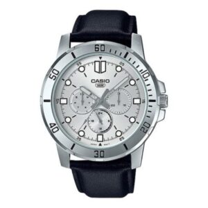 Casio, Men's Watch Analog, Silver Dial Black Leather Band, MTP-VD300L-7EUD