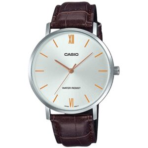 Casio Men's Watch Analog, Silver Dial Brown Leather Strap, MTP-VT01L-7B2UD