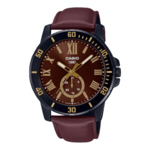 Casio, Men's Watch Analog,Maroon Dial Maroon Leather Band, MTP-VD200BL-5BU