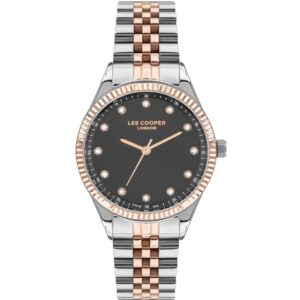 Lee Cooper Women's Black Dial Silver and Rose Gold Two Tone Stainless Steel Strap Watch LC07310.550