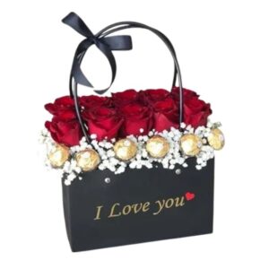 Sweetheart / Red Roses With Ferrero Chocolate In A Black Paper Bag