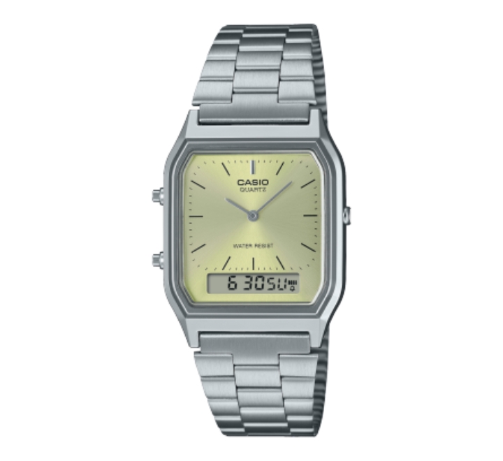 Casio-Vintage-Unisex-Watch-Analog-Digital-Green-Dial-with-Silver-Stainless-Steel-Band-AQ-230A-9AMQYDF