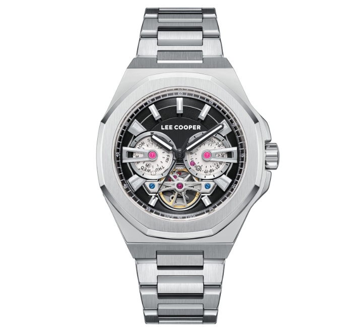 Lee-Cooper-Mens-Automatic-Watch-Analog-Black-Dial-with-Silver-Stainless-Steel-Band-LC08124350