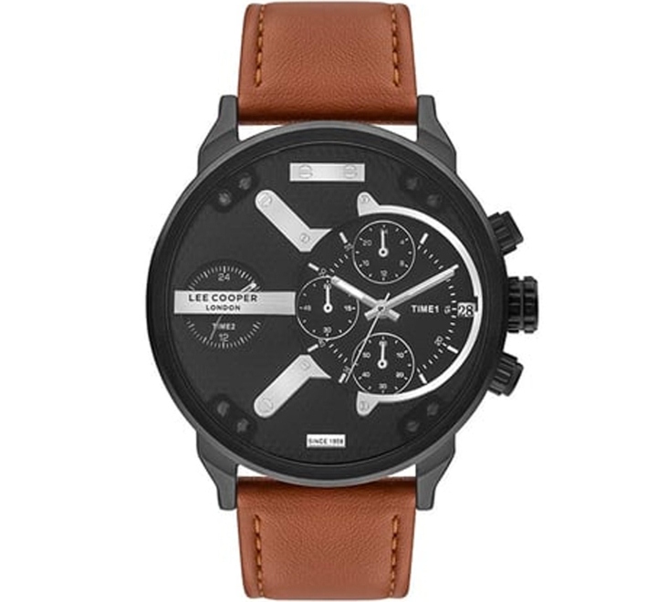 Lee-Cooper-Mens-Multi-Function-Black-Dial-Brown-Leather-Strap-Watch-LC07491662