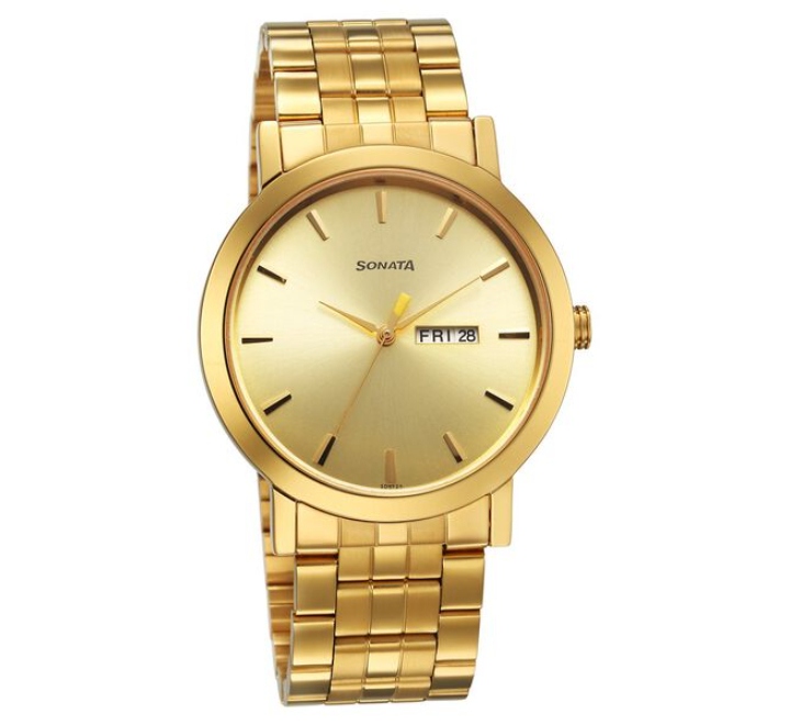 Sonata-Mens-Watch-Analog-Champagne-Dial-With-Golden-Stainless-Steel-Band-77108YM07