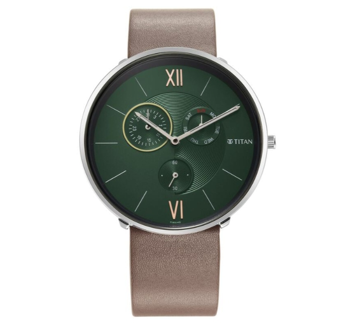 Titan-Slim-Mens-Multifunction-Watch-Green-Dial-With-Brown-Leather-Strap-1877SL01